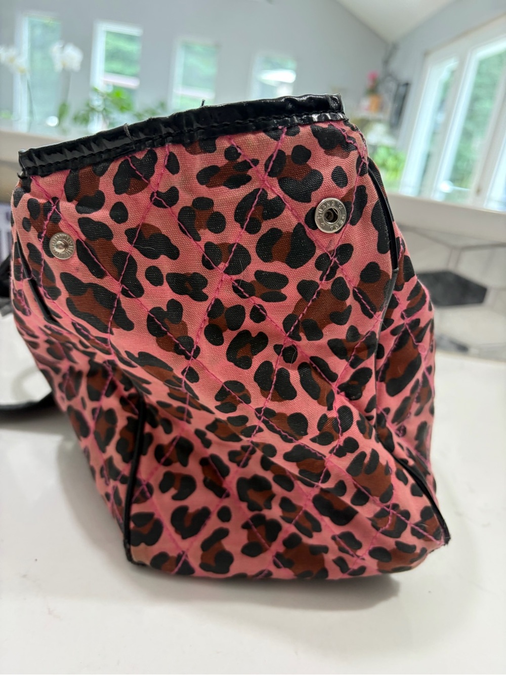 Betsey Johnson Pink and Black Leopard Quilted Studded Tote - Picture 4 of 6